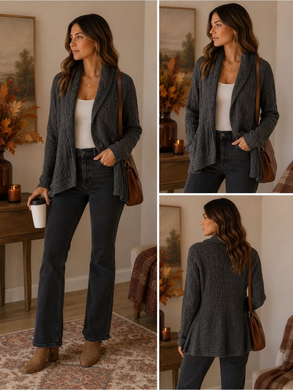 CAbi Charcoal Open-Front Shawl Collar Knit Cardigan